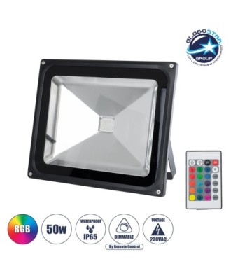 GLOBOSTAR® RGBFLOOD 75602 Προβολέας με IR Ασύρματο Χειριστήριο LED 50W 3250lm 120° AC 220-240V Αδιάβροχο IP66 Πολύχρωμο RGB Dimmable - Μαύρο Ματ - Μ28.5 x Π23.5 x Υ10cm - 2 Χρόνια Εγγύηση